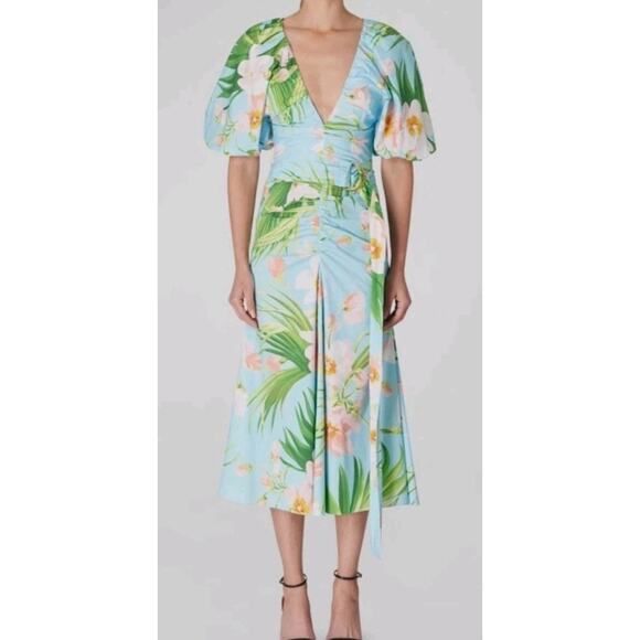Carolina Herrera Dresses & Skirts - Carolina Herrera Blue Floral-Print Ruched Poplin Sleeve MIDI Dress Size 8 (V3